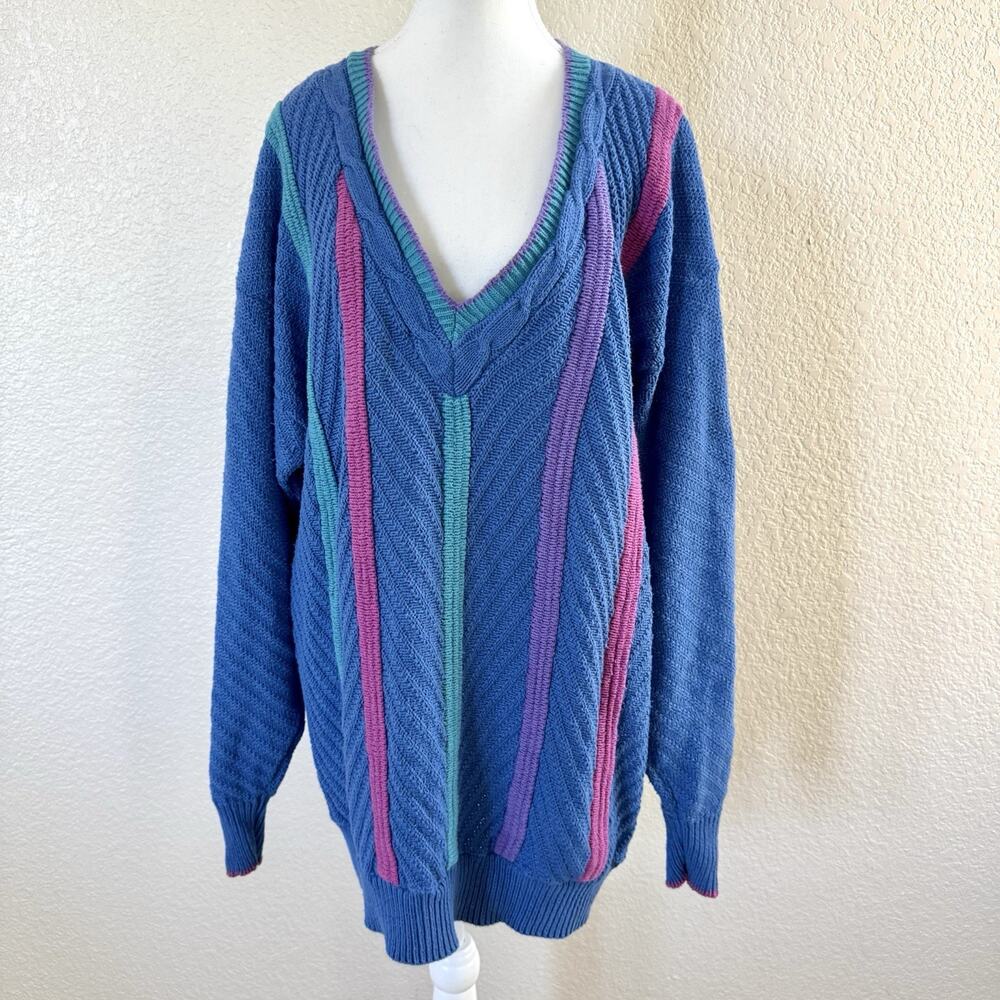 Colours by Alexander Julian 3X Blue Purple V Neck Sweater Colorblock Vintage